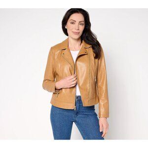 Denim and Co Faux Leather Long Sleeve Moto Jacket w/ Zipper Pockets Size XXS Tan